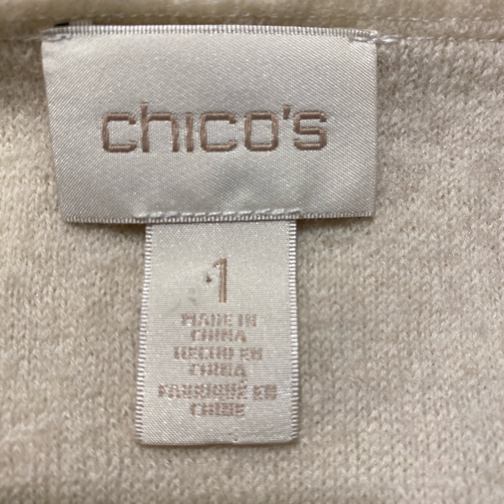 Chico’s 100% Wool Cardigan Jacket Beige Metallic Shimmer Open Front Size 1 - Picture 8 of 10